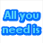 Blue pixelated text reads 'All you need is' above a black heart outline with pink 'Love.' text below on white background.