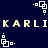 Pixelated text and geometric shapes on a dark blue background with repeated patterns.