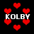 Pixelated red hearts float against a black background with four instances of the text 'KOLBY' in white block letters.