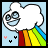 A cartoon cloud with glasses emits a rainbow and small colored hearts against a light blue background.