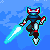 Pixel art character with cat-like ears, blue and red facial markings, dark body armor, holding a glowing cyan sword against a blue sky background.