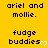 Yellow background with black text 'ariel and mollie.' repeated above 'fudge buddies' text accompanied by a white heart symbol, showing animation changes in the heart's appearance.