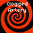 Four identical red and black spiral patterns arranged in a with white text reading "Clogged Artery" on each spiral
