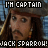Animated sequence of a character with long brown hair and mustache wearing a hat, showing text overlays 'I'M CAPTAIN' and 'JACK SPARROW!' in pixelated font against blue background.