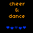 Pixelated orange text 'cheer & dance' above blue star-like shapes on black background, with slight animation in the lower-left shape.