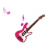 Animated contact sheet of a red electric guitar icon with pink musical notes, displayed across seven frames showing sequential motion effects on a white background.