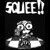 Pixelated black-and-white icon with 'SQUEE!!' text above a stylized figure holding two white objects.