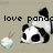 Pixelated image of a panda with black and white fur lying on its side next to a bowl of rice, with 'love panda' text above.