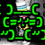 Animated green text pattern on black background with blue and white character, white shirt with 'luv' and 'sox' text, and Cookie Monster face with 'im mizzy' text.
