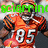 A football player in an orange jersey with number 85 appears in three stacked with green text overlays