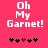 Pixelated text 'Oh My Garnet!' in white on pink background with five black and one maroon heart symbols below.
