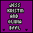 Purple background with white pixelated text reading "JESS KRISTIN AND OLIVIA BFFL" and small black vertical lines on the right side.