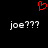 Red pixelated heart symbol above two identical pixelated text strings reading 'joe???' on black background.