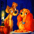 Two cartoon-style animal figures with orange and yellow fur stand close together against a dark blue background, one holding a small object.