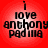 Red circular icon with white gradient center displaying black text 'i love anthony padilla' in pixelated font across four identical frames.