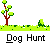 Animated contact sheet showing 24 frames of a pixel art dog hunt scene with dogs, trees, grass, and changing character states on gray background.
