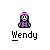 Pixel art buddy icon set with multiple Wendy characters, one speaking in a speech bubble saying HI STAN!, and animation showing green liquid on the rightmost Wendy.