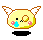 Pixelated yellow character with brown outline, white wing-like ears, pink cheeks, black eyes, and blue nose in two poses.