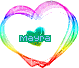 Two identical heart-shaped frames with rainbow gradient borders, each containing a green pixelated 'Mayra' text and small white dot on gray background.