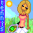 Pixelated image of a woman with long blonde hair in a pink dress standing in a grassy field under a sun, with a green gem-like object on the ground and vertical text on the left.