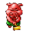 Pixelated red pig character in green shorts and yellow shoes, standing with arms crossed on gray background.