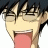 A pixelated anime-style character with dark hair and glasses sticking out a large pink tongue, next to stylized text on a black background.