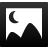 Black crescent moon and two mountain peaks on light gray background within dark gray frame