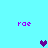 Pixelated cyan background with four purple 'rae' text blocks and two heart symbols in dark purple and light blue.