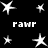 Black background with white star shapes and repeated text "rawr" in pixelated font across multiple positions.
