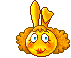 Pixelated cartoon character with golden-brown fur, yellow bunny ears, and blue eyes in various expressions including smiling, squinting, and covering mouth.
