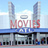 Pixelated image of a building with large red 'MOVIES' text and blue 'THEATRE' text below, flanked by two tall towers under a light blue sky.