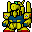 Pixelated yellow mecha with blue chest armor and red feet, shown in multiple poses holding a pink laser sword against gray background.