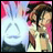 Pixelated anime-style character with brown hair and green eyes, wearing a white outfit with red accents, standing against a pink and blue gradient background with a white triangular symbol.