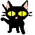 Pixel art cat with yellow eyes and pink ears in multiple poses on gray background.