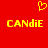 Red background with yellow pixelated text 'CANDiE' and a heart symbol above it.