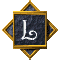 Six variations of a stylized 'L' icon with a swirling tail, framed in gold with a dark blue textured background, displayed in a