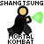Pixelated character in black hooded robe with red accent, holding glowing green object, against gray background with text above and below.