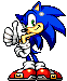 Four pixelated Sonic the Hedgehog icons display sequential pose changes with thumbs-up gestures and red shoes on gray backgrounds.