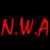 Red pixelated text 'N.W.A' on black background with dark green and blue speckled noise around edges.