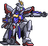 Pixel art of a mecha with silver armor, blue and red accents, green eyes, and yellow head crest in two poses against gray background.