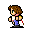 Pixel art character with brown hair, green eyes, white shirt, blue pants, and red whip-like object in two poses against gray background.