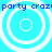Blue background with white concentric circles and blue text reading 'party crazyparty crazy' repeated across the image.
