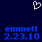 A pixelated white heart outline icon above blue text reading 'emmett' and '2.23.10' on a dark blue background.