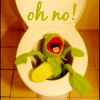 Green cartoon character with red mouth and black eyes falls into a white toilet bowl, with 'oh no!' text above.