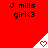 Red background with repeated black text 'J mills girl<3' and white triangular icons containing red pixelated hearts.