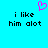 A static pixel art image with a bright cyan background, featuring a pink heart symbol and black text reading "i like him alot" in two identical sections.
