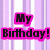 Pixelated birthday-themed icon with pink text, rainbow hearts, and red date text on striped background.