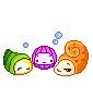 Pixel art of three food-themed characters with closed eyes and smiling mouths, surrounded by blue bubbles on a gray background.