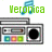 Green pixelated text 'Veronica' with blue musical note above, over gray boombox with colored buttons and black speaker grille.