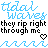 Pixel art contact sheet showing two animated frames of a text-based icon with blue wave graphics and heart symbols.